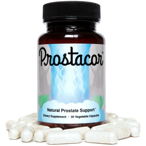 Prostacor Natural Prostate Support: the bottle from the front with capsules around it